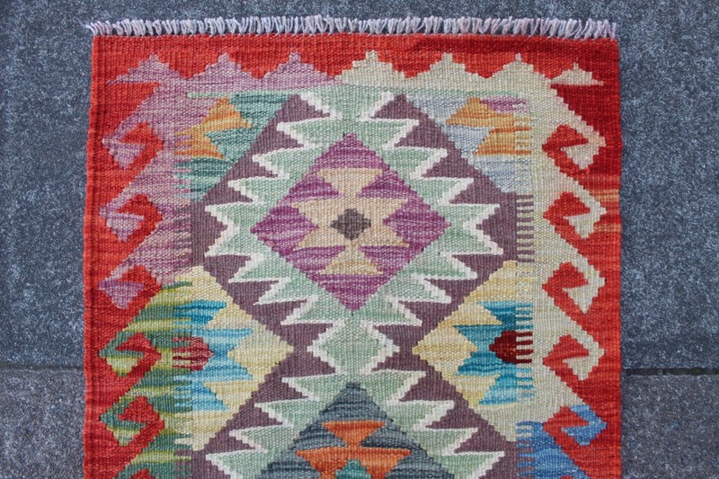 Kilim Vintage Traditional Hand Made Oriental Green Red Wool Small Kilim 91x59cm gallery