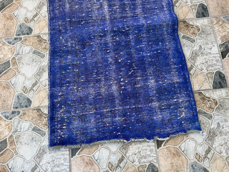 1970s Vintage Turkish Overdyed Runner Rug 2.6x9 ft Cobalt Blue Hand-Knotted Wool gallery