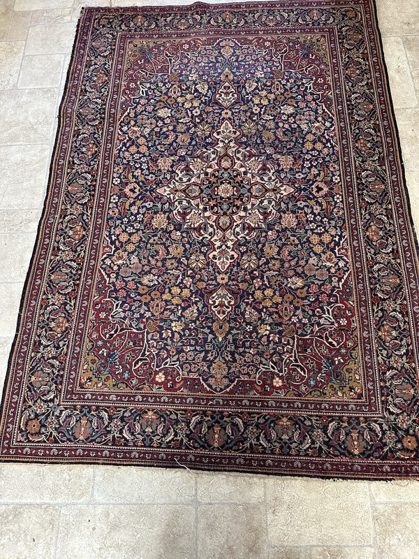 Vintage Keshan Floral Rug Hand Knotted Wool 180 x 124 cm Navy Red gallery