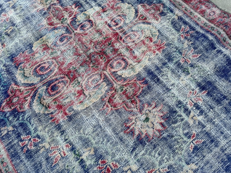 Vintage Oushak Rug 5.5x8.5 Ft Blue Turkish Wool Distressed Medallion Rug gallery