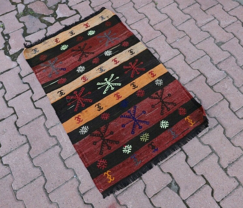 Turkish Handmade Red Kilim Rug Cappadocia Embroidered Tribal Ethnic Carpet 2x4ft gallery