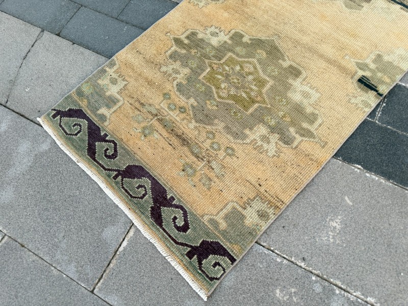 Vintage Turkish Oushak Runner Rug 2.4x10 ft Honey Beige Sage Green Rug gallery