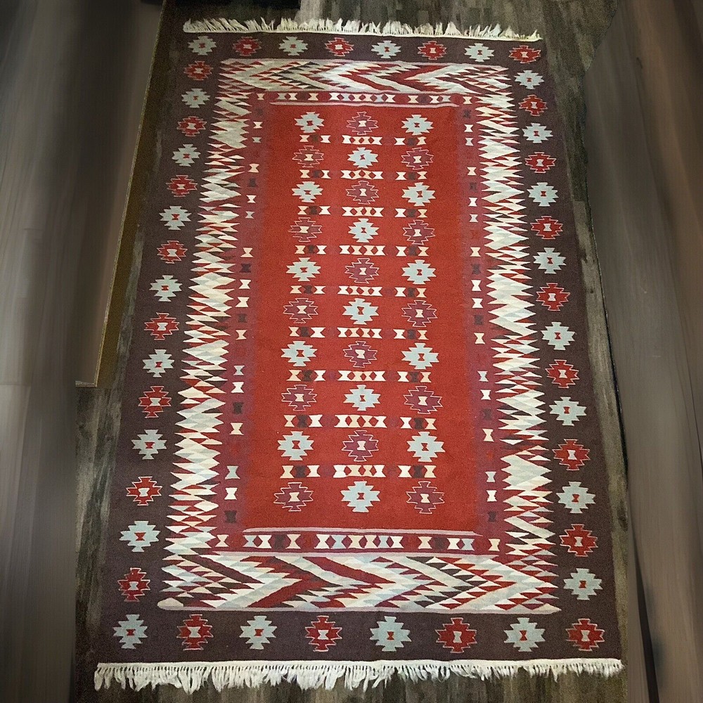 Antique Turkish Kilim Rug Textile Large 5’6” x 8’ Weave Vintage Fringe Handmade