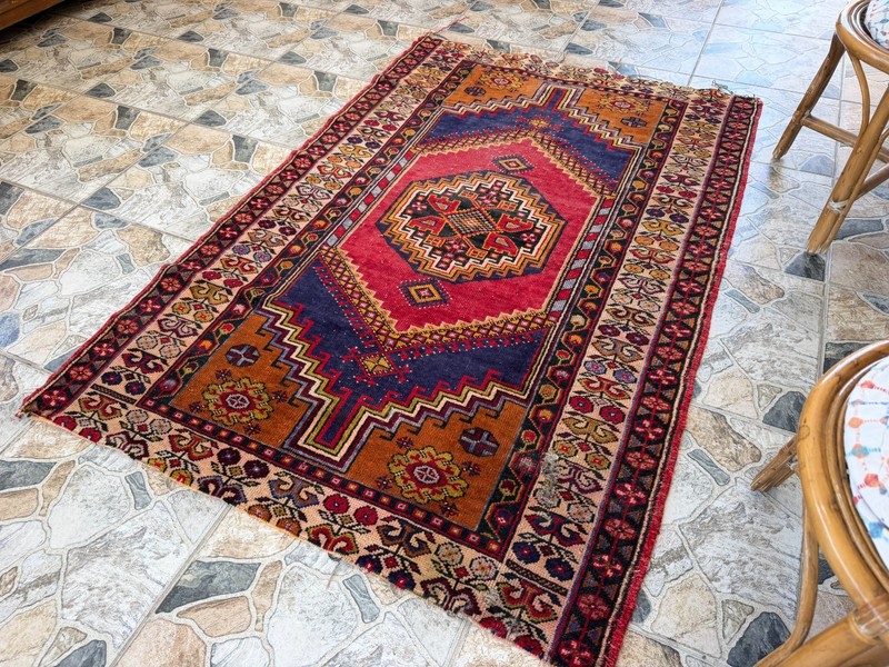 1980s Geometric Turkish Vintage Rug, Tribal Handmade Anatolian Wool Area Rug 4x6 gallery