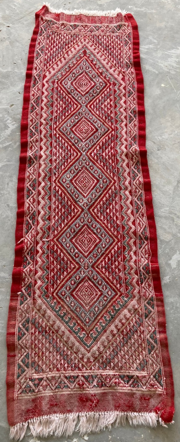 Vintage Handwoven Moroccan Geometric Sumak Wool Kilim Rug Carpet 172x52 cm gallery