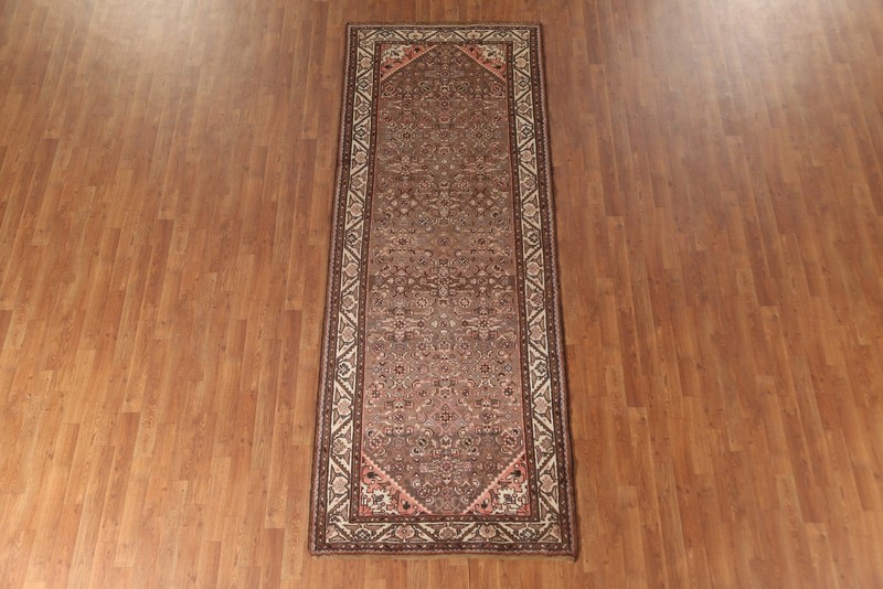Geometric Brown Wool Runner Rug 4x10 Hand-knotted Vintage Traditional Nomad Rug gallery