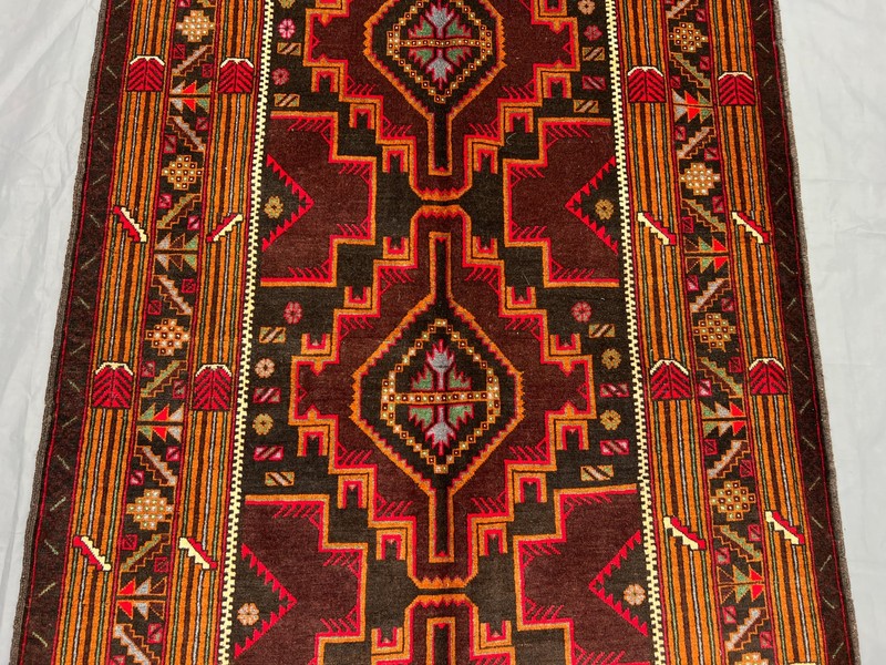 3'7x6'6 ft Vintage Afghan Baluchi Hand-Knotted Bold Geometric Red & Brown Rug gallery