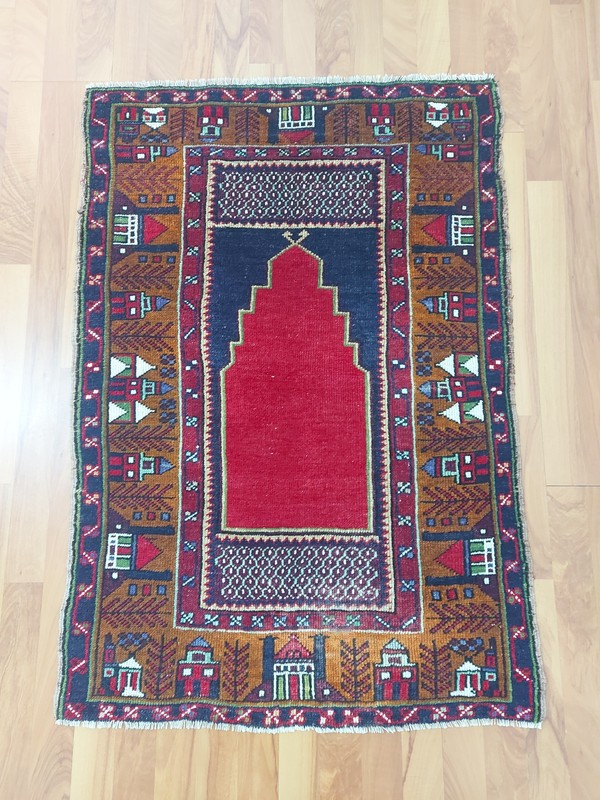 Antique Brown Prayer Rug Geometric Pictorial Vintage Turkish Decor Natural Rug gallery