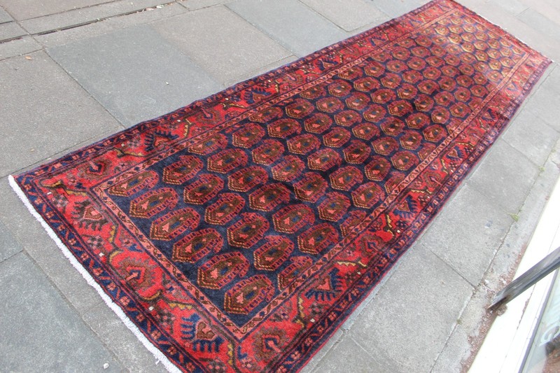 Vintage Hand Made Traditional Oriental Wool Blue Red Long Runner 403x113cm gallery
