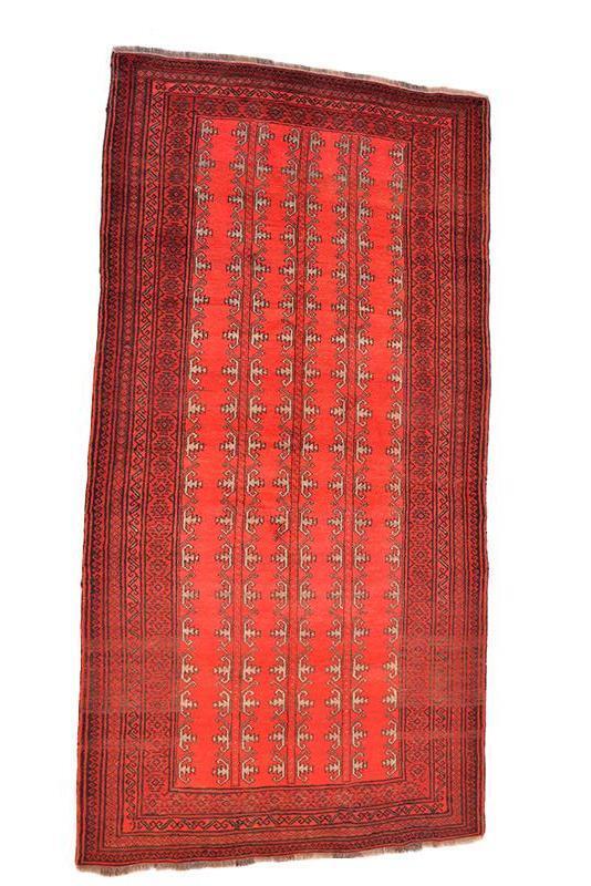 Bokhara Oriental Geometric Afghan 4' 1" x 8' 3" Red Hand Knotted Runner Rug