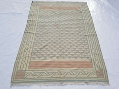 Vintage Handmade Traditional Geometric Cyan Beige Kilim Rug Carpet 263x182cm