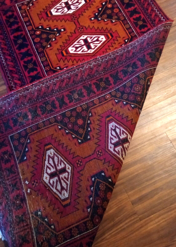 Vintage ORIENTAL Rug Rust & red wool HAND-KNOTTED fine neutral 6'.5" x 3'.5" gallery