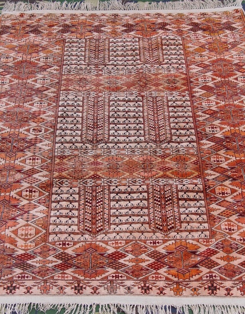 Vintage Turkmen Ensi Yomud Silk Foundation Handmade Wool Tribal Rug 4'6" x 6'