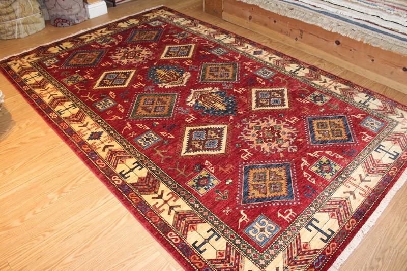 9' X 6' AUTHENTIC Handmade Rug Caucasian Kazak Design From Afghanistan Red color gallery