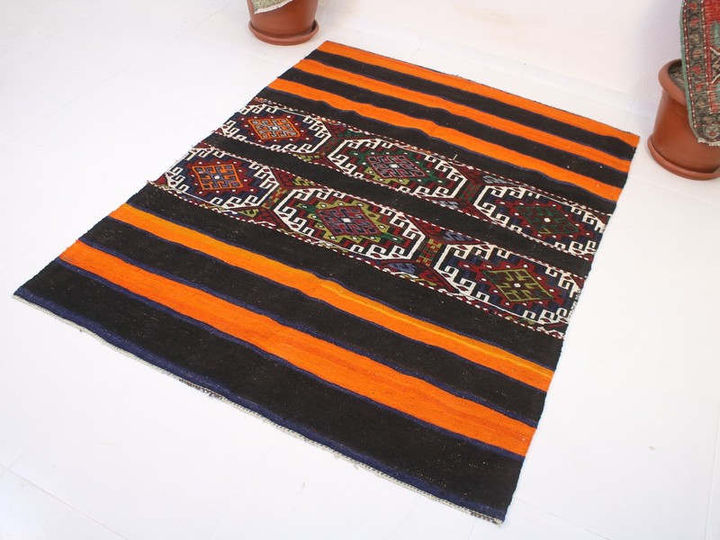 4x6 Turkish Handmade Kilim Rug Orange Black Geometric 4.2x5.6 ft gallery