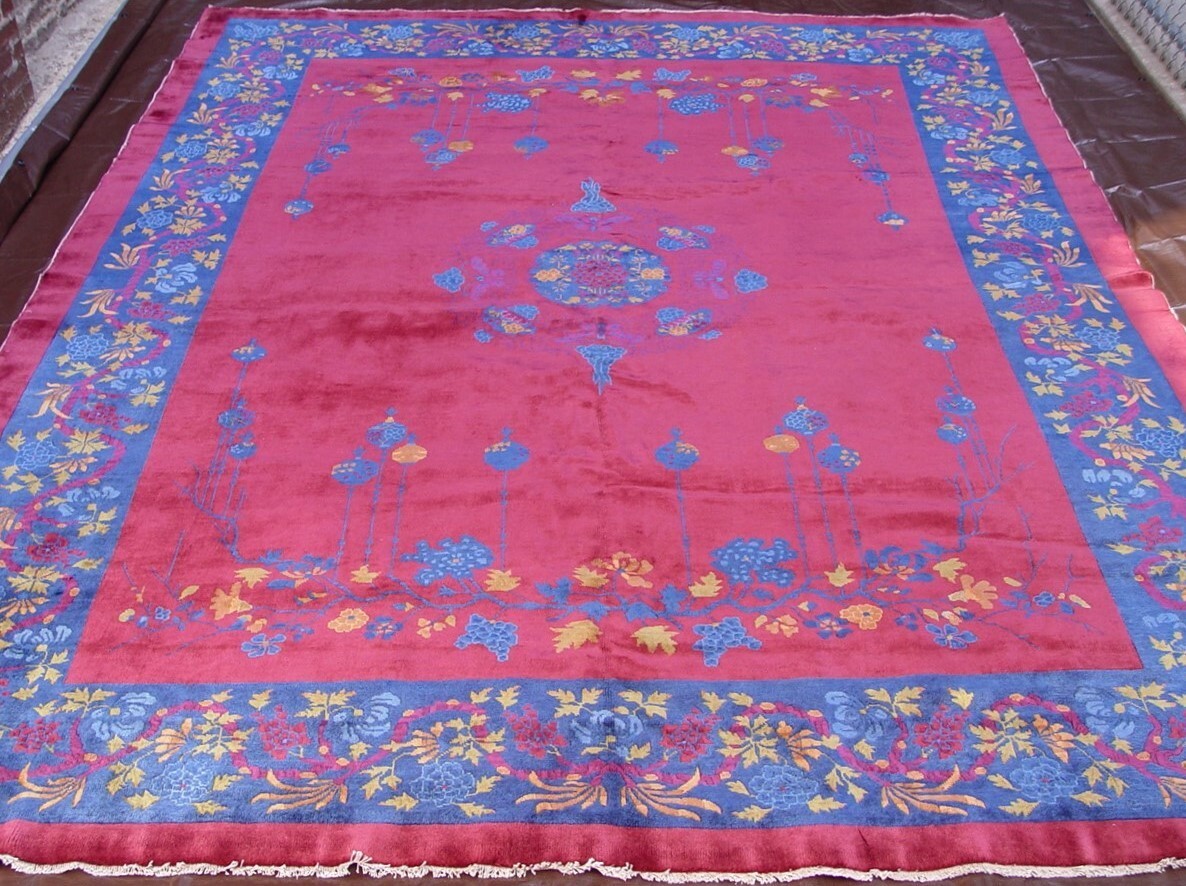 Antique Chinese Art Deco Peking Hand Knotted Wool Blue Red Oriental Rug 9'x11'6" gallery