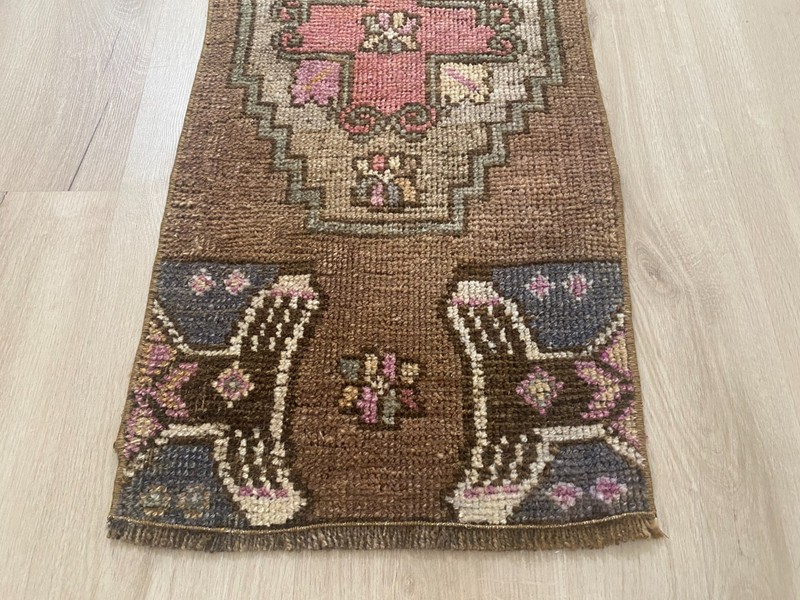 Brown Turkish Runner Rug Handmade Vintage Wool Hallway Rug 1.3x3.5 Ft gallery