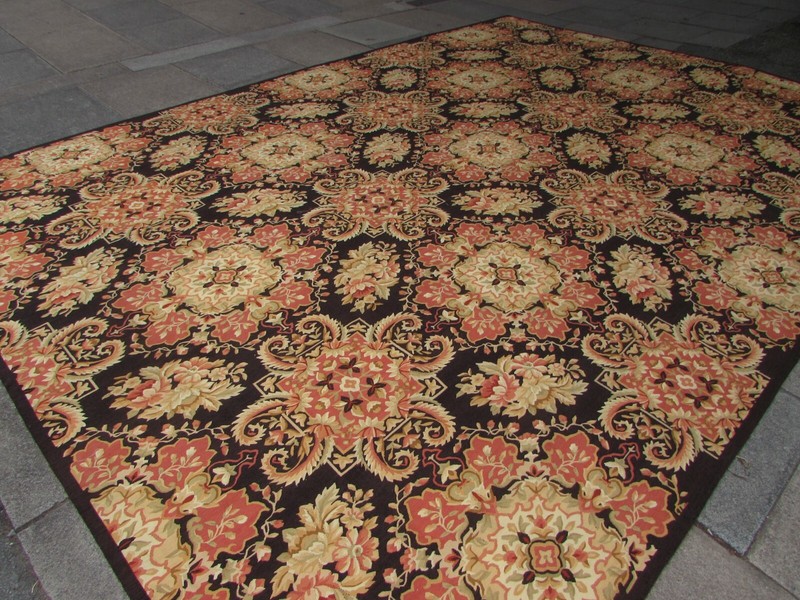 Vintage Hand Made French Design Wool Black Orange Original Aubusson 441x310cm gallery