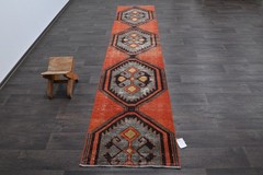 Vintage Turkish Runner Rug 2x11ft Wool Anatolian Handmade Hallway Oushak RUST