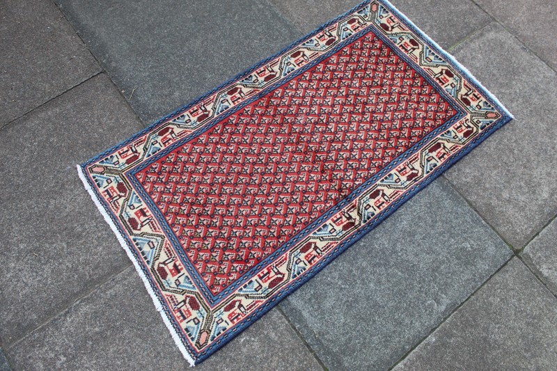 Vintage Hand Made Traditional Rug Oriental Wool Red Blue Small Rug 115x63cm gallery