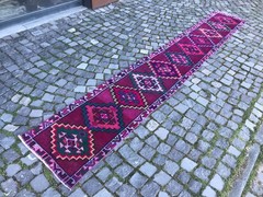 Turkish Vintage Rug Handmade Wool Rug Bohemian Runner Rug 1,9 x 12, ft