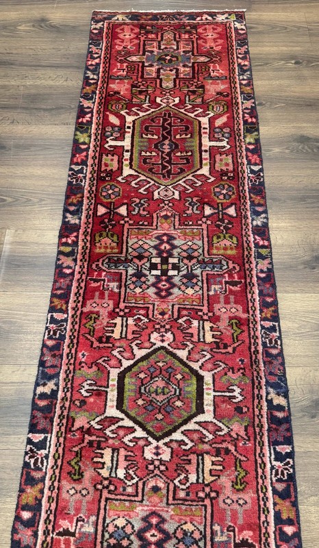 Heriz Karajeh Runner Rug 2x9 Geometric Medallions Red Navy Blue gallery