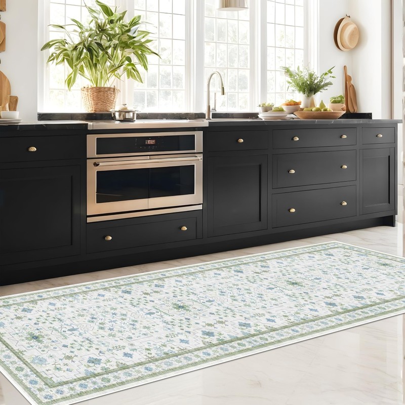 Boho Floral 3x8 Wide Hallway Runner Rug - Cream Green, Washable, Non-Slip, Stain gallery