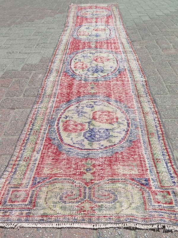 Long Floral Vintage Carpet Runner, Handwoven Distressed Multicolor Rug 26"x109" gallery
