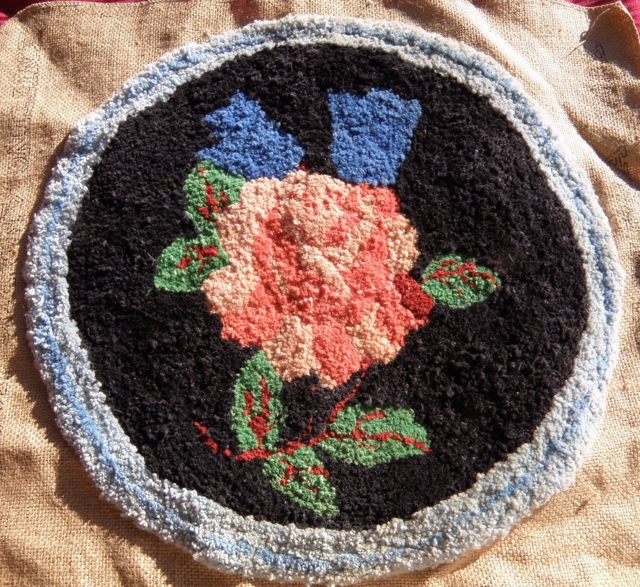 Antique Punch Needle Rug Wool Chair Seat American PINK ROSE What is It? folk art gallery