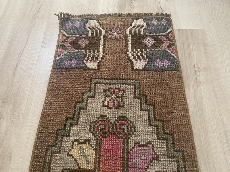 Brown Turkish Runner Rug Handmade Vintage Wool Hallway Rug 1.3x3.5 Ft gallery