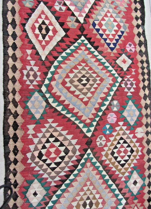 Large Turkish Flatweave Geometric Kilim Rug 4'5" x 12' Wool Cotton Semi-Antique gallery