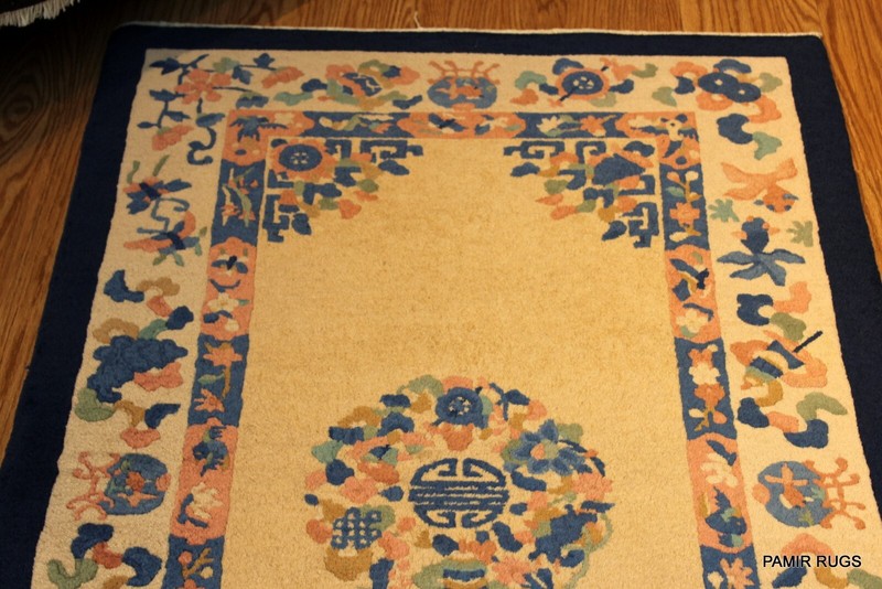 ONE OF A KIND 3x5 CHINESE RUG PEKING BLUE, BEIGE Salmon GOLD ART DECO gallery
