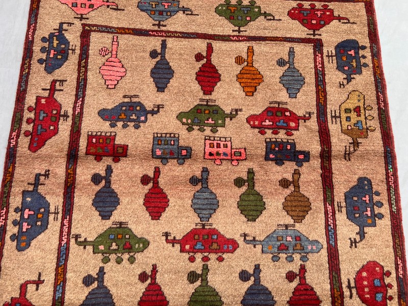 Beige 4x6 Afghan War Rug Hand Knotted Wool Vintage Pictorial Tribal Office Rug gallery