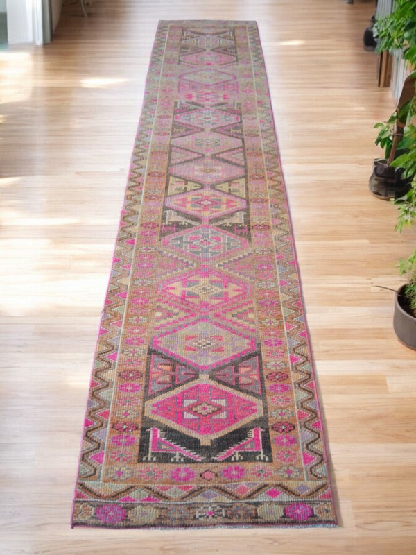3x12 Runner Turkish Rug Hand Made PINK Hallway Rug Low Pile. Actual 2.7 x 12 ft gallery