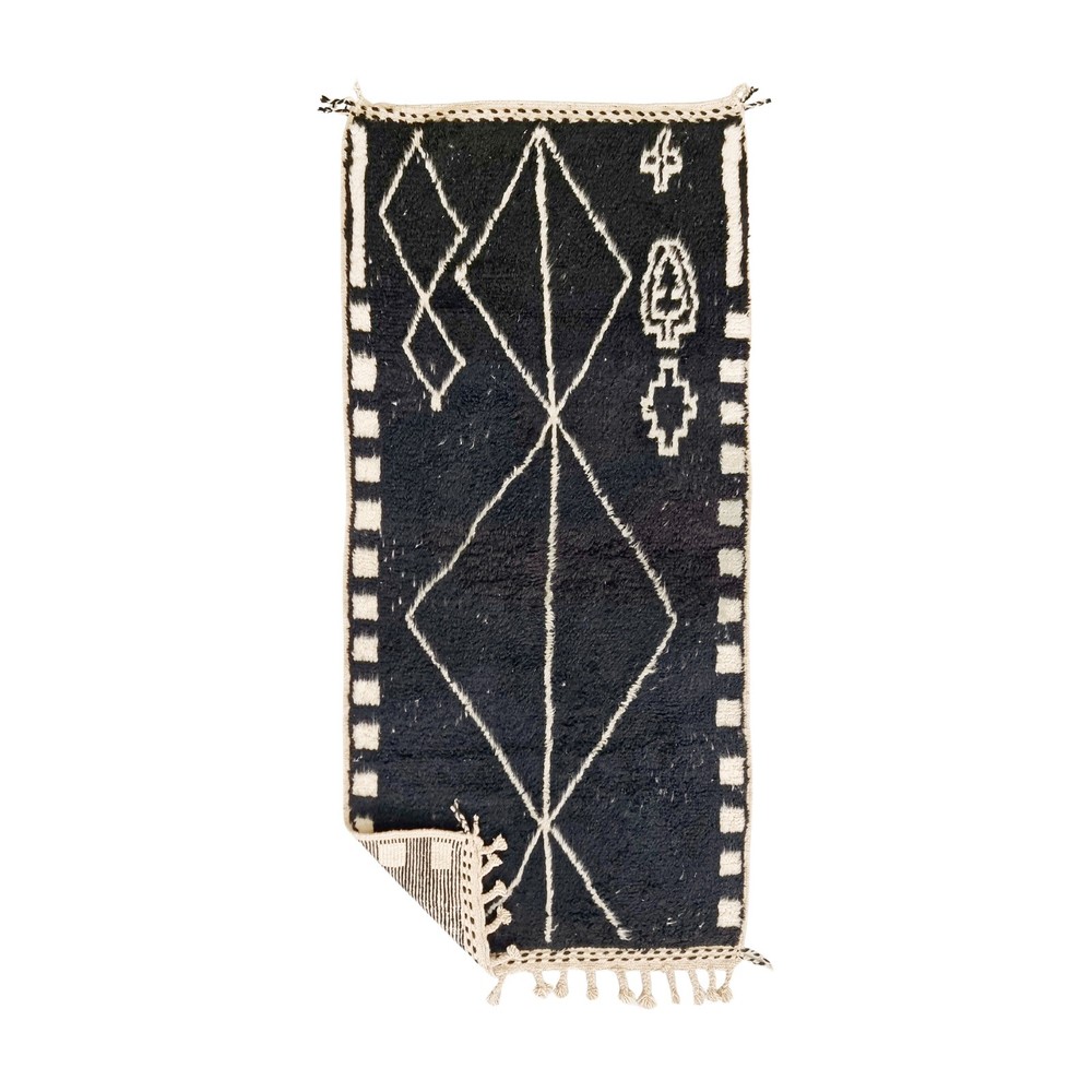 Moroccan Handmade Beniourain Rug 3'4x7'1 Berber Geometric Black Wool Carpet