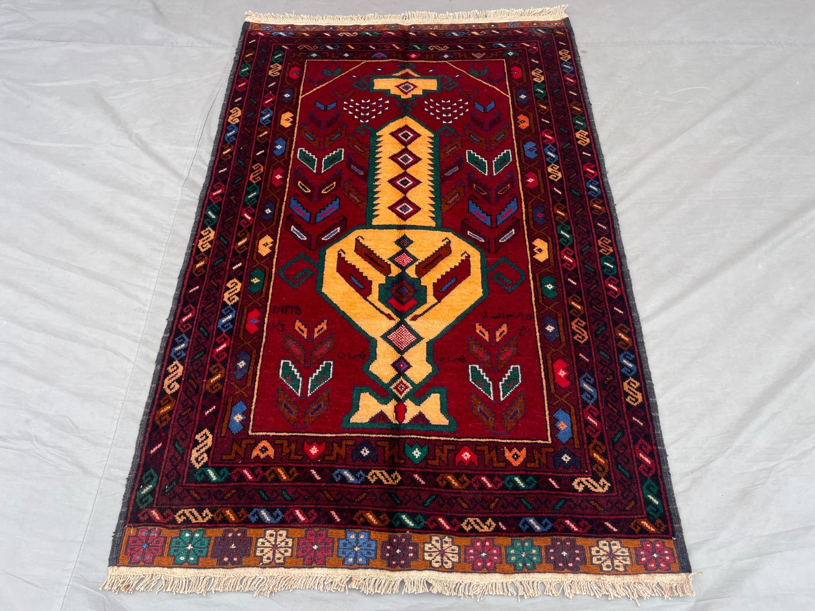 2'10x4'5 ft Vintage Afghan Pictorial Hand Knotted Wool Red Gold Vase Area Rug gallery