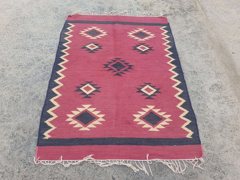 Vintage Handmade Traditional Geometric Pink Kilim Floor Rug Carpet 151x110cm gallery
