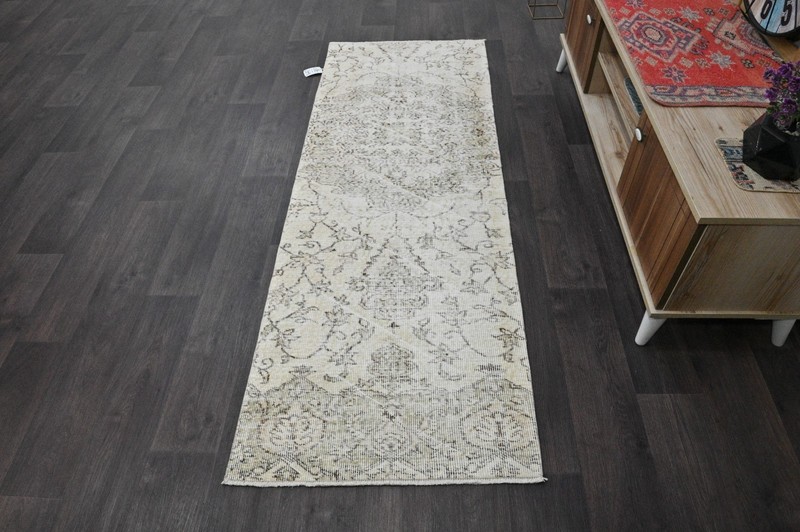 Vintage Turkish Runner Rug 2x7ft BEIGE Handmade Anatolian Oushak Hallway Wool gallery