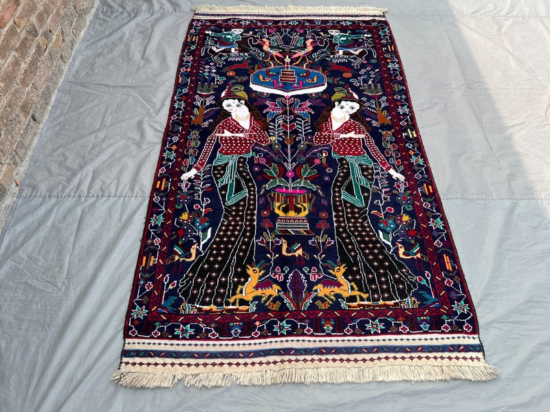 4.1x7.3 ft Vintage Afghan Hand Knotted Baluchi Pictorial Rug | Tribal Wool Rug gallery