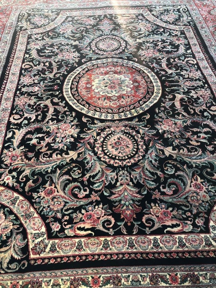 ANTIQUE ORIENTAL RUG HAND-KNOTTED 100% SILK and WOOL , BLACK 9 x 12
