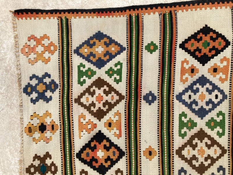 Vintage Handmade Turkish Anatolian Striped Diamond Wool Kilim Rug 241x141 cm gallery