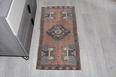 Vintage Turkish Red Rug 20×42 Inches | Small Oushak Rug | Distressed Modern Rug