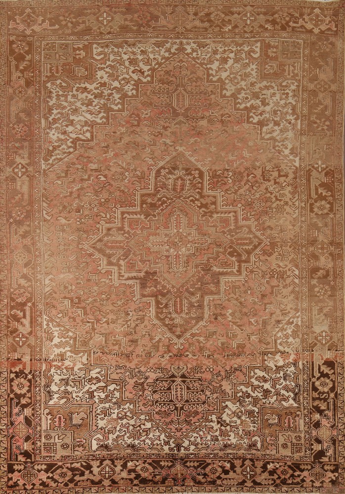 Vintage Pink/ Dark Brown Handmade Geometric Heriz Living Room Rug Carpet 8x11
