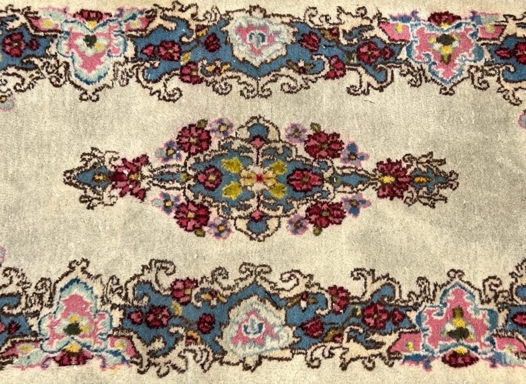 Antique Style Kirman Wool Rug 2'x4' | Pastel Floral Medallion Ivory Blue Pink gallery