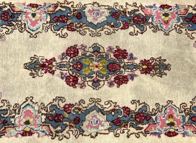 Antique Style Kirman Wool Rug 2'x4' | Pastel Floral Medallion Ivory Blue Pink gallery