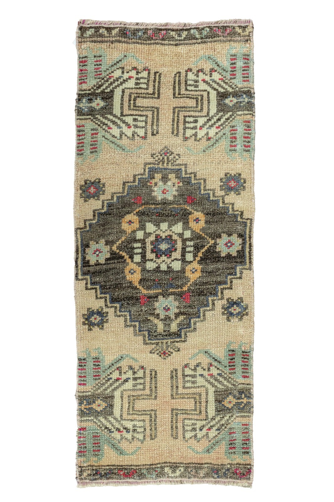 Turkish Oushak Mat 1'5x3'6 ft – Brown Sage Teal Wool Rug for Entry or Bathroom gallery