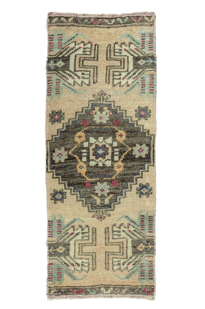 Turkish Oushak Mat 1'5x3'6 ft – Brown Sage Teal Wool Rug for Entry or Bathroom