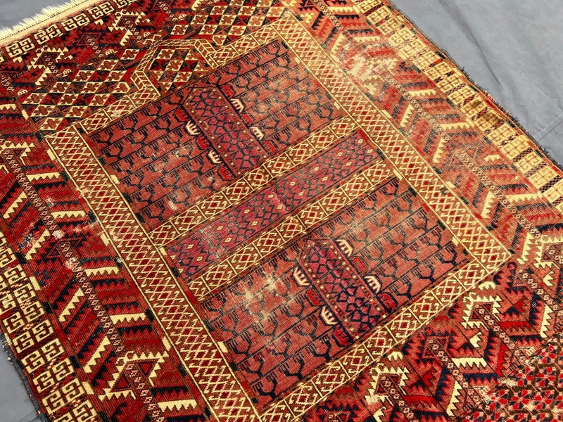 Red Distressed Low Pile Turkish Tribal Rug 4x5 ft Hand Knotted Vintage Carpet gallery