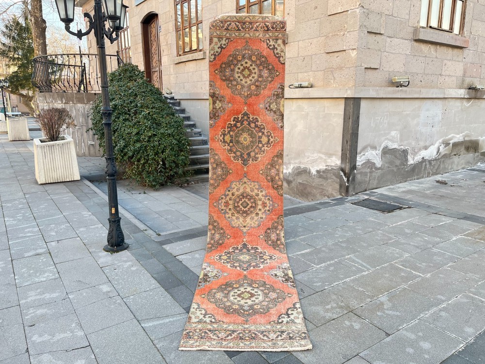 Vintage Turkish Oushak Runner Rug 2.4x12.4 Ft Coral Medallion Wool