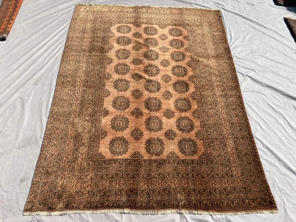 Hand Knotted Antique Terracotta Rug 7x9 ft Beige Afghan Turkmen Geometric Carpet